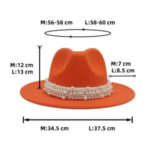 Size chart showing circumference, height and brim width of the pearl fedora hat