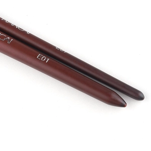 Macro shot of dark brown matte makeup brush handles with silver E01 model engraving