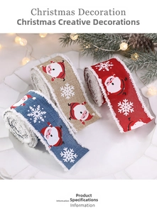 Three rolls of plush faux linen Christmas ribbons with Santa and snowflake patterns