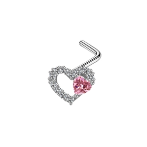 Detailed view of an L-shaped nose stud with pink heart stone and pavé cubic zirconia