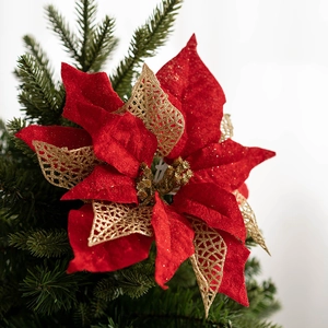 Red velvet Christmas flower with gold glitter mesh on artificial pine tree branch