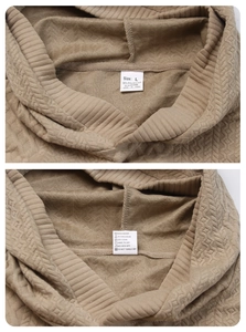 Detailed macro view of the hoodie neckline showing the size L label and fabric texture