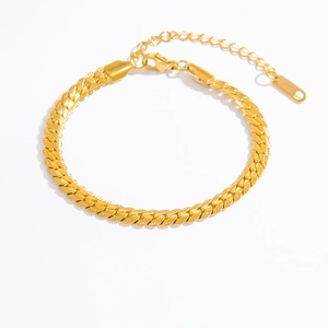 Macro view of 18k gold plated flat snake chain with adjustable lobster clasp closure