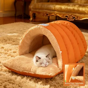 Orange semi-enclosed tunnel cat bed with plush lining and dual mode snap button design