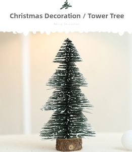 Detail of mini snowy Christmas tree with white flocking and natural wooden base stand