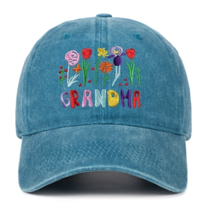 Distressed blue washed cotton baseball cap with colorful floral and GRANDMA embroidery