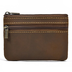 Vintage brown crazy horse leather coin purse with double zipper and yellow stitching
