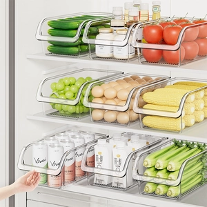 Stackable transparent plastic refrigerator storage bins for eggs and fresh produce