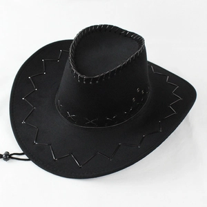 Classic black western cowboy hat with wide brim and adjustable chin strap on white background