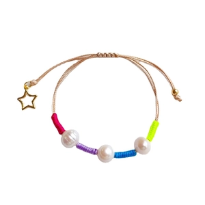 Handmade woven colorful string bracelet with natural pearls and a hollow star charm