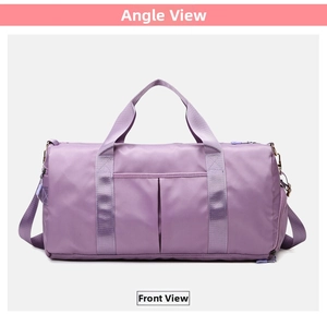Front view of purple waterproof nylon gym bag with double zippers and detachable strap