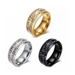 Titanium steel ring with double-row micro-set zircon in gold, silver and black finishes