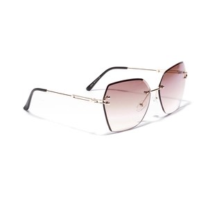 Retro rimless sunglasses for women with brown gradient lenses and golden metal temples