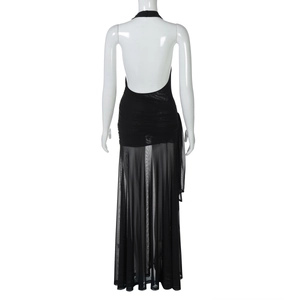 Detail of sheer black mesh long dress featuring backless halter neck and side tie knots