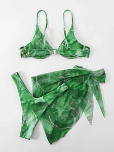 Three-piece marble print bikini set including top, bottoms, and sheer matching sarong
