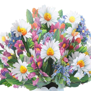 Macro detail of 3D pop-up flower bouquet with white daisies and purple blossoms