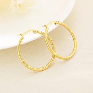 Classic gold stainless steel hoop earrings for women displayed on a white plate