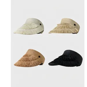 Foldable straw sun visor hats for women in four colors with stylish fringe edges
