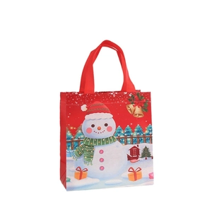 Red Christmas non-woven tote bag with snowman print and festive gift box patterns