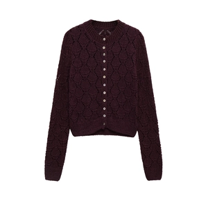 Deep purple crochet knit cardigan with diamond hollow pattern and pearl buttons