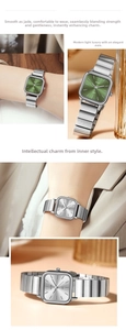 Detail view of square dial quartz watch with green dial and silver steel strap