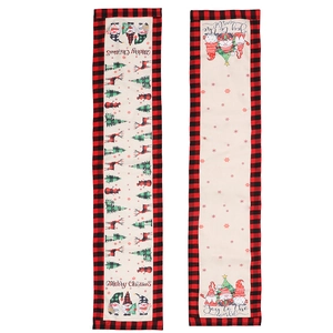Christmas table runner with gnome and reindeer design on red black buffalo plaid border