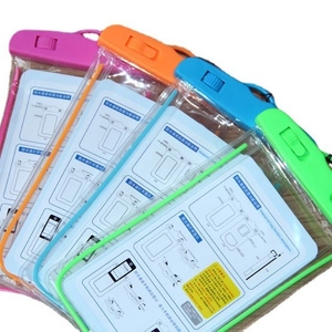 Set of four waterproof phone pouches in pink, orange, blue, and green for swimming and diving