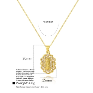 Detailed view of Virgin Mary gold plated pendant with dimensions 26mm by 15mm and zircon stones