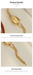 Macro detail of square gold dial with brushed metal finish and slim chain watch strap