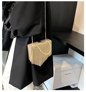 Detailed close-up of golden fringe evening clutch bag with elegant metallic chain strap