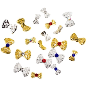 Hollow metal bow nail art charms with colorful rhinestones in gold and silver finish