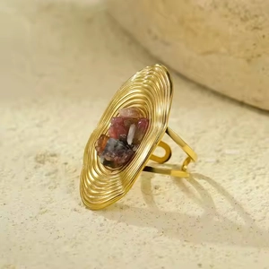 Vintage stainless steel oval ring with inlaid natural stone and adjustable gold band