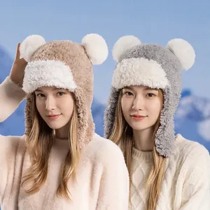 Winter Warm Plush Trapper Hat Faux Fur Earflap Cap Cute Cartoon Bear Ears Thermal Windproof For Women Girls