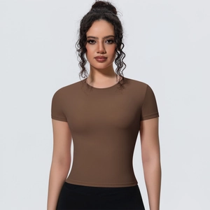 Detail of slim-fit athletic t-shirt in coffee brown featuring soft breathable fabric