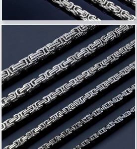 Macro detail of silver Byzantine style titanium steel chains in various thicknesses