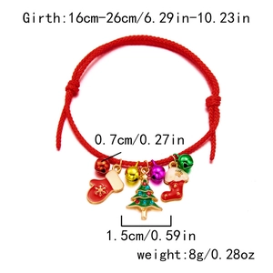 Detailed view of woven Christmas bracelet with tree and sock charms including measurements