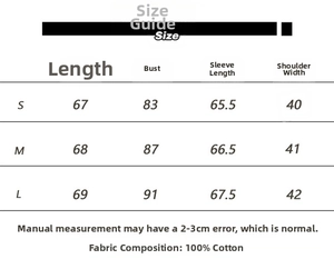 Detailed size chart for vintage crewneck cotton long sleeve T-shirt with fabric details