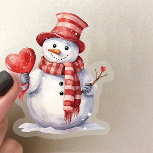 Romantic watercolor snowman sticker with red heart balloon for Valentine's Day DIY decor