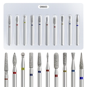 Macro view of 10-piece diamond nail drill bit set with diverse shapes and color-coded bands