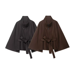 Women Woolen Cape Coat Stand Collar Button Front Short Cloak Jacket With Waist Tie Elegant Batwing Sleeve Outwear
