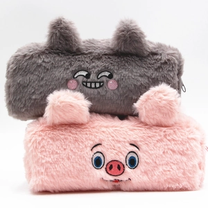 Cute plush rabbit and pig stationery bags with soft fur and creative embroidery
