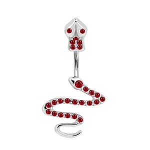 Detailed view of silver snake belly button ring with vibrant red rhinestones and curved metal