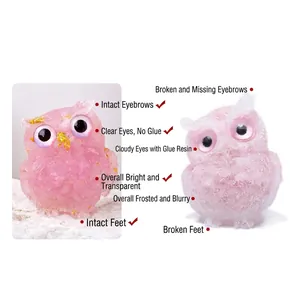Pink resin crystal owl ornaments with gold foil accents and detailed translucent finish