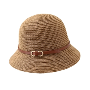 Minimalist deep khaki woven bucket hat featuring a brown leather belt and gold buckle
