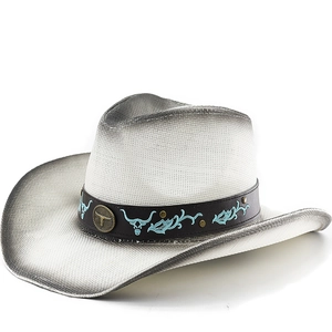 Western Cowboy Hat Paper Straw Wide Curved Brim Gradient Bull Head Band Outdoor Sun Beach Fashion