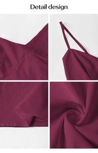 Detailed views of deep red V-neck dress showing fine straps and premium fabric texture