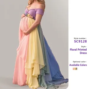 Robe Longue Maternité Arc-en-Ciel Épaules Dénudées Tulle Patchwork Robe Colorée Pour Séance Photo Taille Haute