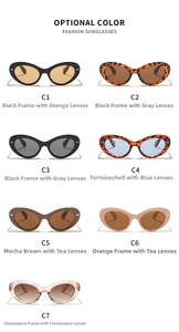 Detailed catalog of seven oval cat-eye sunglasses colors with retro acetate frames