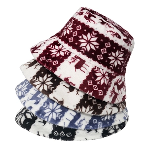 Reindeer Snowflake Pattern Christmas Bucket Hat Plush Faux Fur Winter Warm Retro Festive Headwear For Women Men