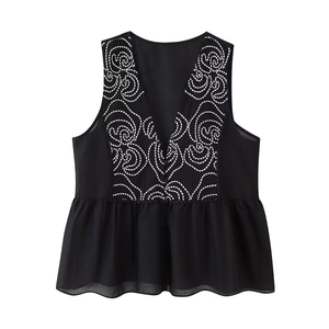 Women Sleeveless V Neck Embroidery Peplum Blouse Ethnic Retro Style Loose Polyester Summer Top Black Button Up